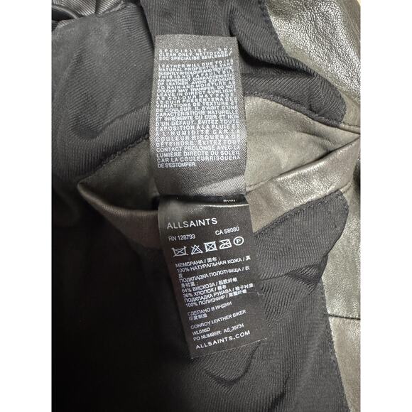 AllSaints Leather Biker Jacket Womens 4 Gray Conroy Quilted Shoulders Moto Zip - Picture 13 of 15